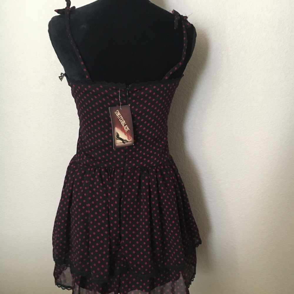 Double Ruffle Mini Dress Black with Red Polka Dots